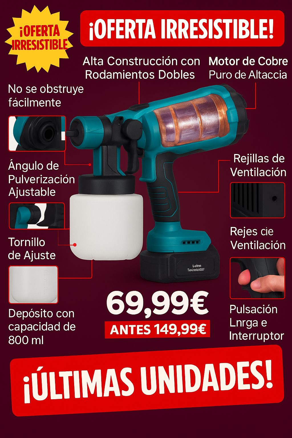 Pulverizadora de Pintura Inalámbrica de Alta Presión + 2 Baterías de Regalo